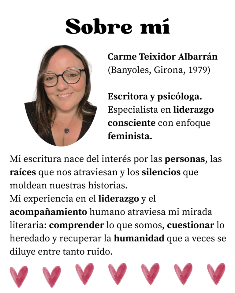Biografía de Carme Teixidor Albarrán (Banyoles, Girona, 1979) Escritora y psicóloga. Especialista en liderazgo consciente con enfoque feminista.